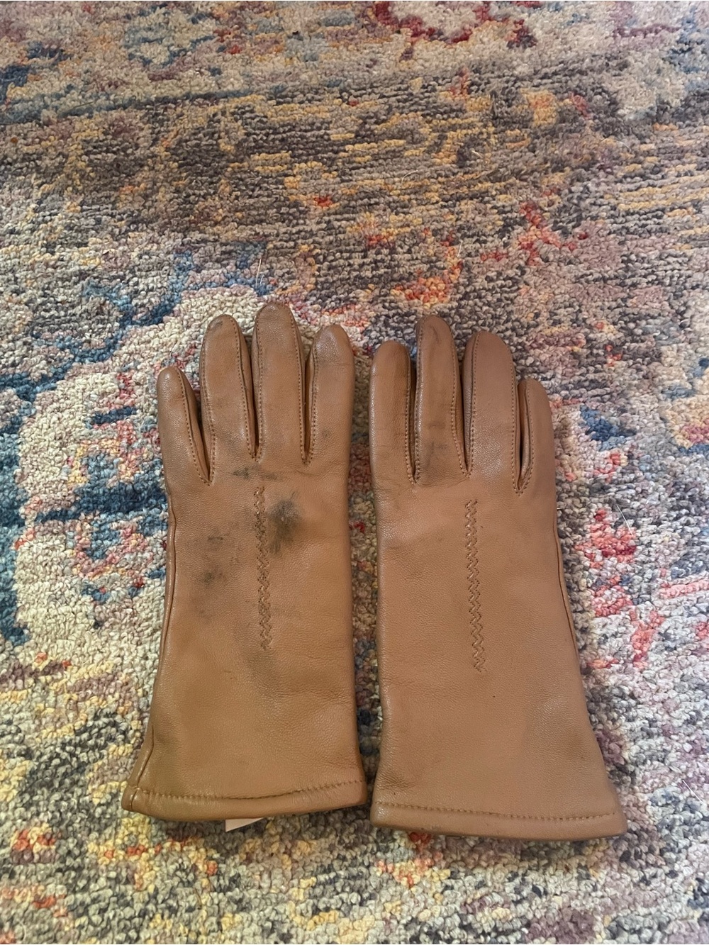 Fownes Tan Leather Gloves with Decorative Stitching